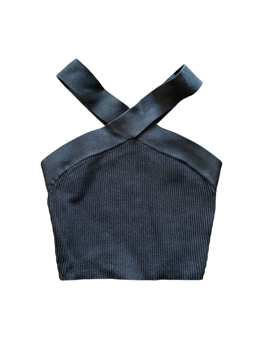 Babaton Black Ribbed Crop Top Cross Strap Size XS